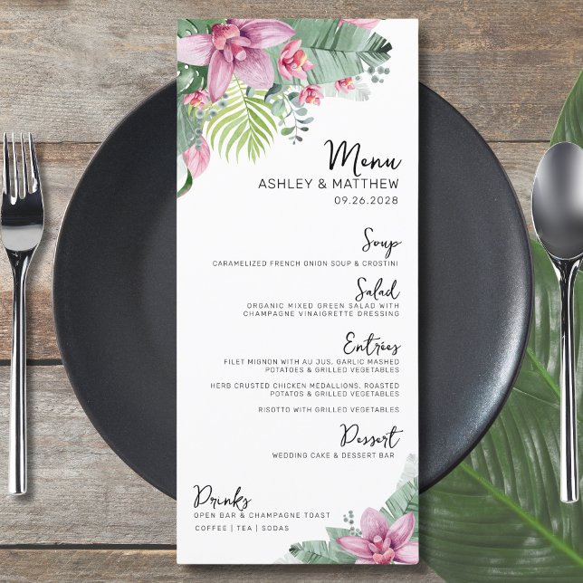 Akvarell Blommig Tropisk Bröllop Meny (Elegant Destination Floral Palm Tropical Wedding Menu)