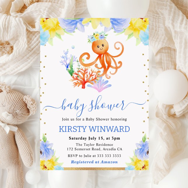 Akvarell Blommig Undervattensbläckfisk Baby Shower Inbjudningar (Skapare uppladdad)