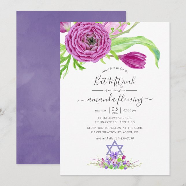 Akvarell Blommig Vår Bat Mitzvah Inbjudningar (Fram/baksida)