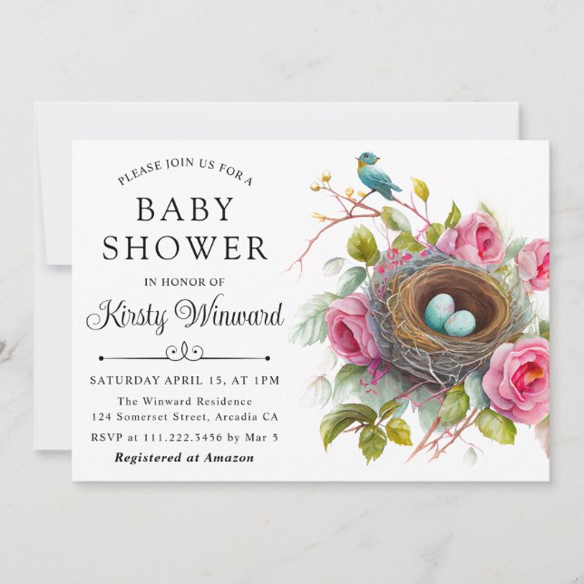 Akvarell Blommig Vår Fågelbo Baby Shower Inbjudningar (Framsida)