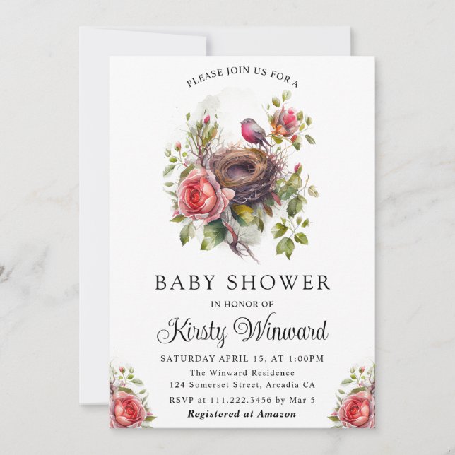 Akvarell Blommig Vår Fågelbo Baby Shower Inbjudningar (Framsida)