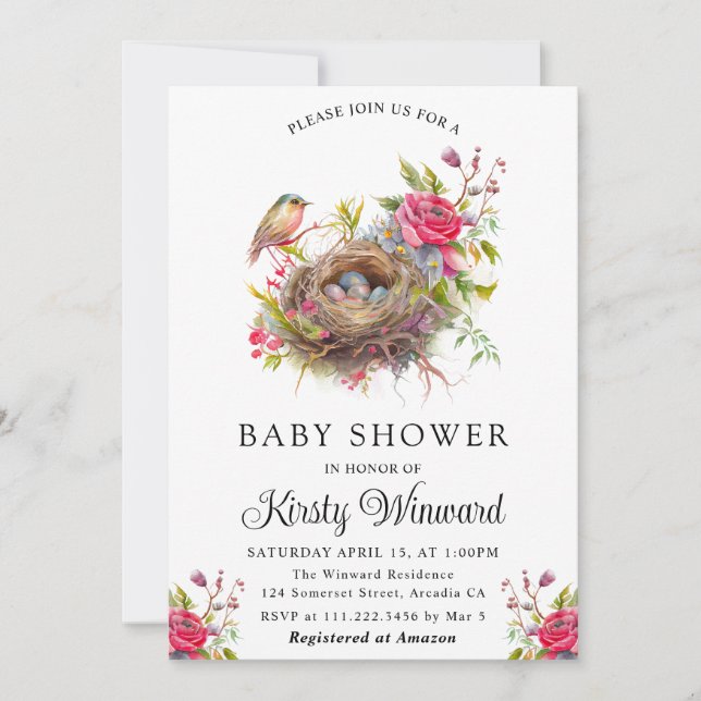 Akvarell Blommig Vår Fågelbo Baby Shower Inbjudningar (Framsida)