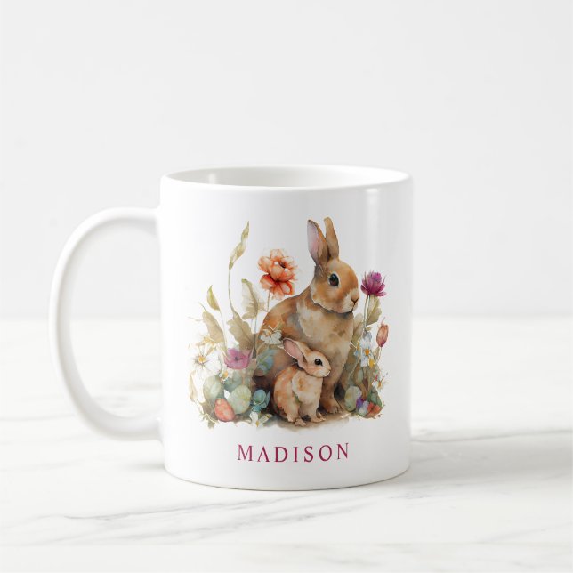 Akvarell Blommig Vår Påsk Kanin Namn Kaffemugg (Vänster)