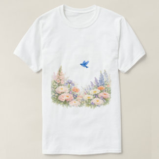 Akvarell Blommig Vildblommeäng Blåfågel T Shirt