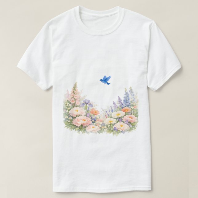 Akvarell Blommig Vildblommeäng Blåfågel  T Shirt (Design framsida)