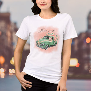 Akvarell Blommig Vintage Grön Lastbil Bibelvers T Shirt