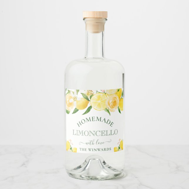 Akvarell Blommiga Citroner Hemmagjord Limoncello Spritflaskor Etikett (Framsida)
