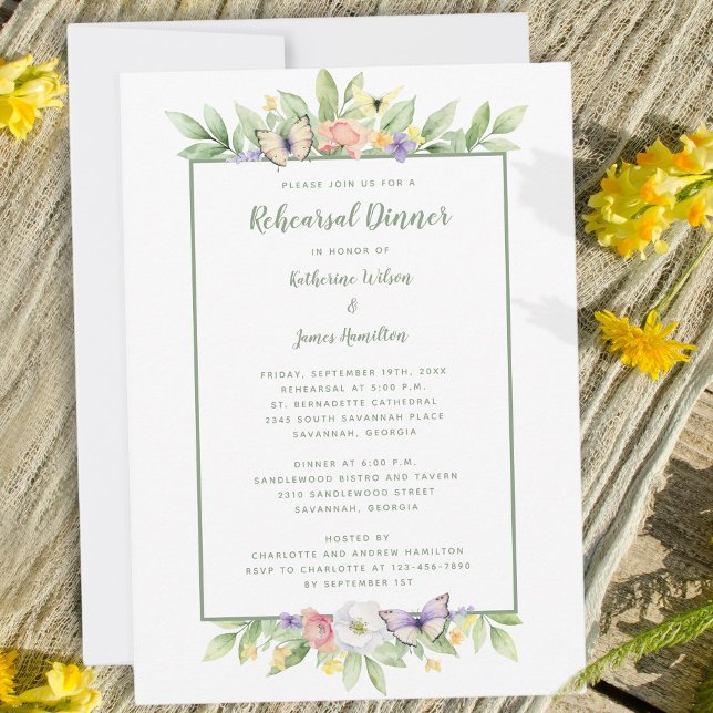 Akvarell Blommiga Fjärilar Övningsmiddag Inbjudningar (Watercolor Floral Butterflies Rehearsal Dinner Invitation)
