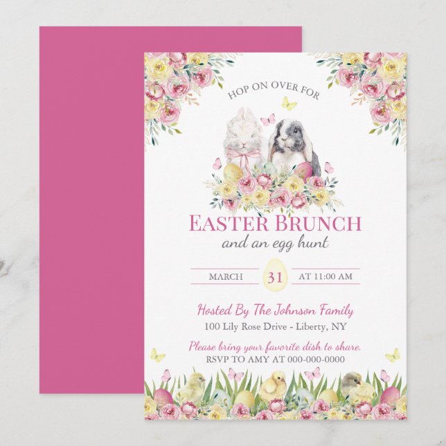 Akvarell Blommiga Kaniner Påsksöndagsbrunch Inbjudningar (Fram/baksida)