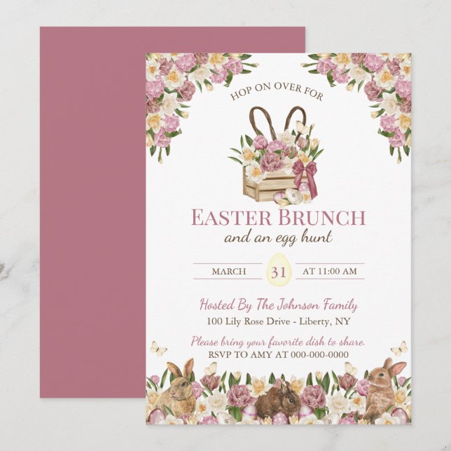 Akvarell Blommiga Kaniner Påsksöndagsbrunch Inbjudningar (Fram/baksida)