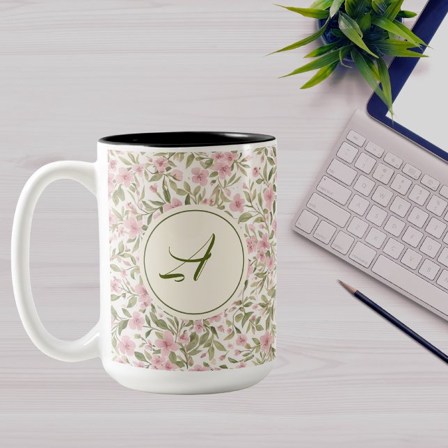 Akvarell Blommönster Monogram Två-Tonad Mugg (Skapare uppladdad)