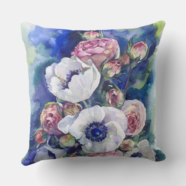 Akvarell blommor anemone rosor illustration flöde kudde (Baksida)