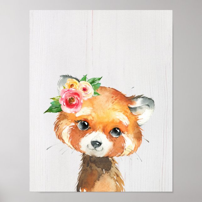 Akvarell Blommor Baby Röd Panda Djur Poster (Framsidan)