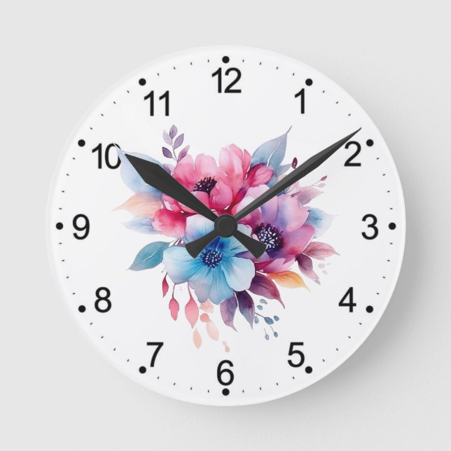 Akvarell Blommor Blommig Design Rund Klocka (Framsida)
