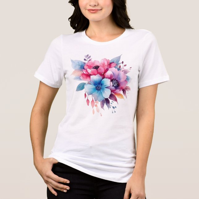 Akvarell Blommor Blommig Design T Shirt (Framsida)