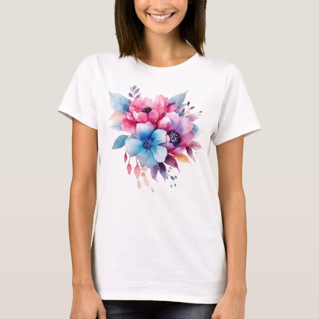 Akvarell Blommor Blommig Design T Shirt (Framsida)
