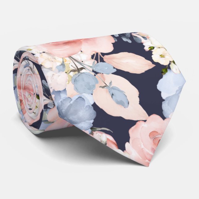 Akvarell Blommor Dammig Blå Damig Rosa Rosor   Slips (Rullad)