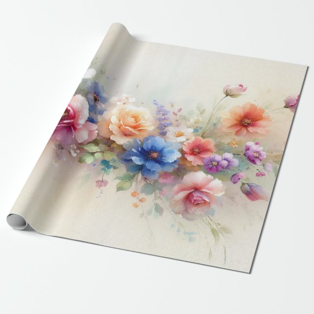 Akvarell Blommor Elegant Modern Mall Gåva Presentpapper (Utrullad)