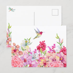 Akvarell Blommor Fågel trädgård Vykort