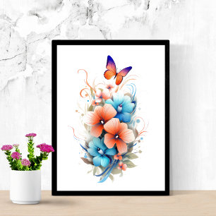 Akvarell Blommor Fjärilar Blå Orange Poster