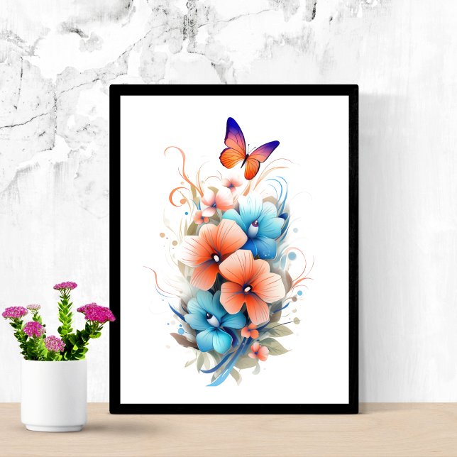 Akvarell Blommor Fjärilar Blå Orange  Poster (Blue orange floral butterfly watercolor poster print. Printed or Instant digital download)