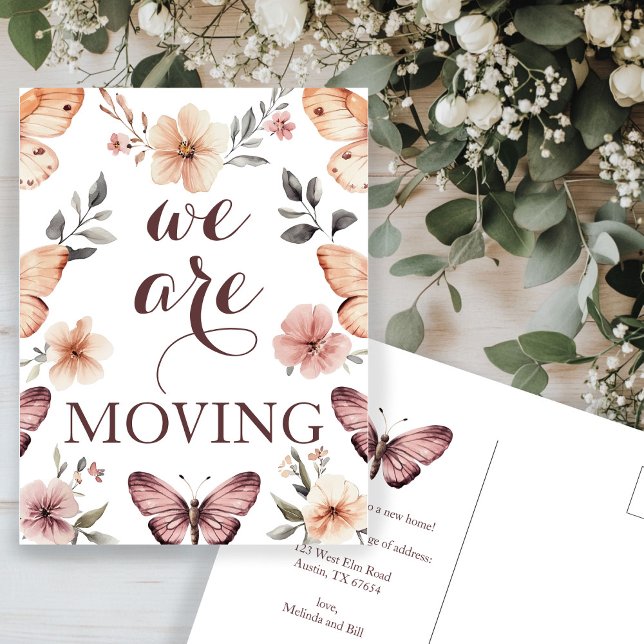 Akvarell Blommor Fjärilar Ny Adress Flytt Vykort (Watercolor Florals Butterflies New Address Moving Announcement Postcard
)
