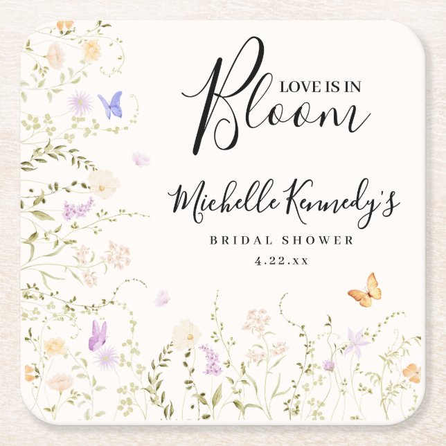 Akvarell Blommor Kärlek I Knopp Bröllopsdusch Underlägg Papper Kvadrat (Framsidan)