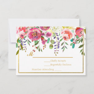 Akvarell Blommor Modern Guld Bröllop RSVP OSA Kort