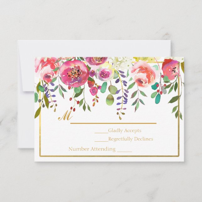 Akvarell Blommor Modern Guld Bröllop RSVP OSA Kort (Framsida)