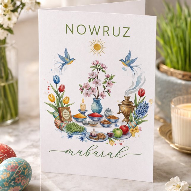 Akvarell Blommor Nowruz Mubarak - Lyckönskningskor Tack Kort (Skapare uppladdad)