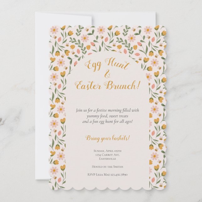 Akvarell Blommor och Bin Påskbrunch Ägglek Inbjudningar (Framsida)