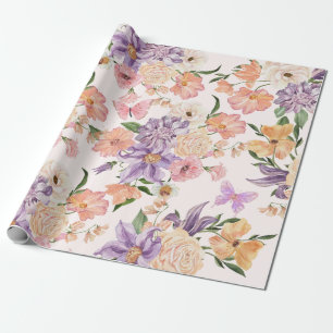 Akvarell blommor och fjärilar vildblomma rosa presentpapper