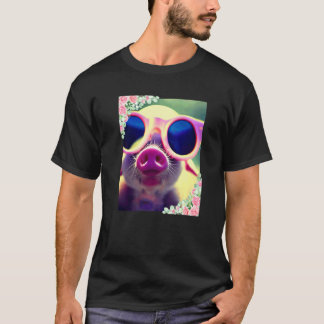 Akvarell blommor och gris som bär solglasögon Söt T Shirt