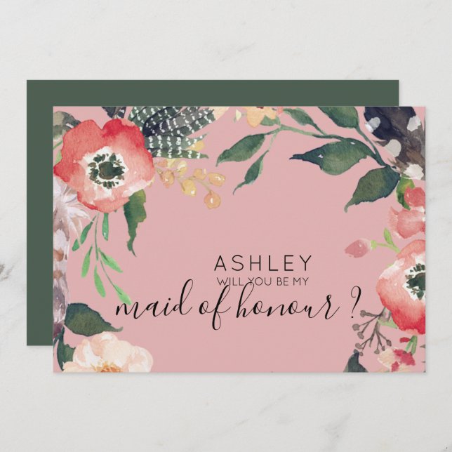 Akvarell Blommor Vill Du Vara Min Brudtjänsteflick Inbjudningar (Fram/baksida)