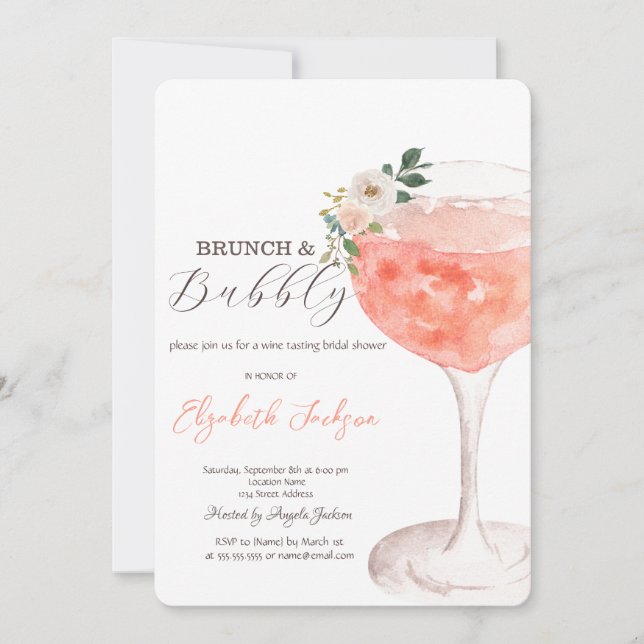 Akvarell Blommor Vin Brunch & Bubbeldryck Inbjudningar (Framsida)