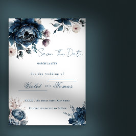 Akvarell blomsterbukett marinblå Save The Date  Inbjudningar