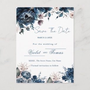 Akvarell blomsterbukett marinblå Save The Date Vykort