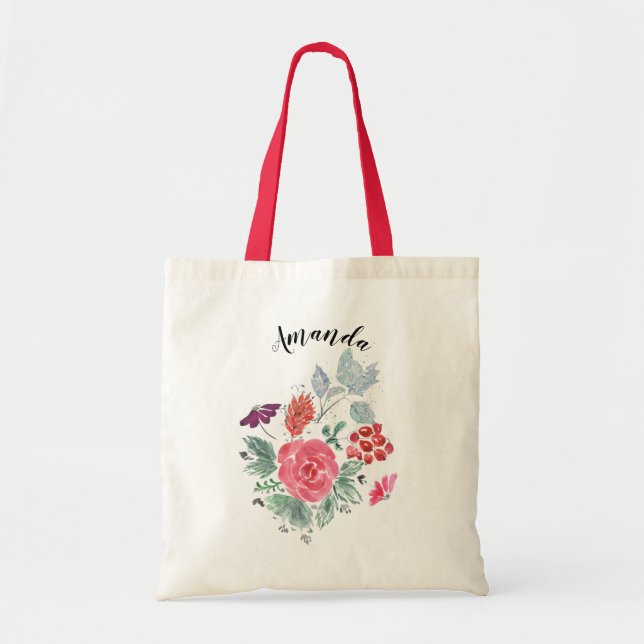 Akvarell blomsterbukett, personlig toteväska tygkasse (Framsidan)