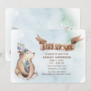 Akvarell Boho Björn Rustika Djur Baby Shower Inbjudningar