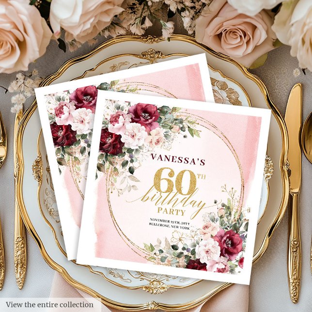 Akvarell Boho Burgunder Rosa 60-års Servetter (Watercolor Boho Burgundy Blush 60th Napkins)