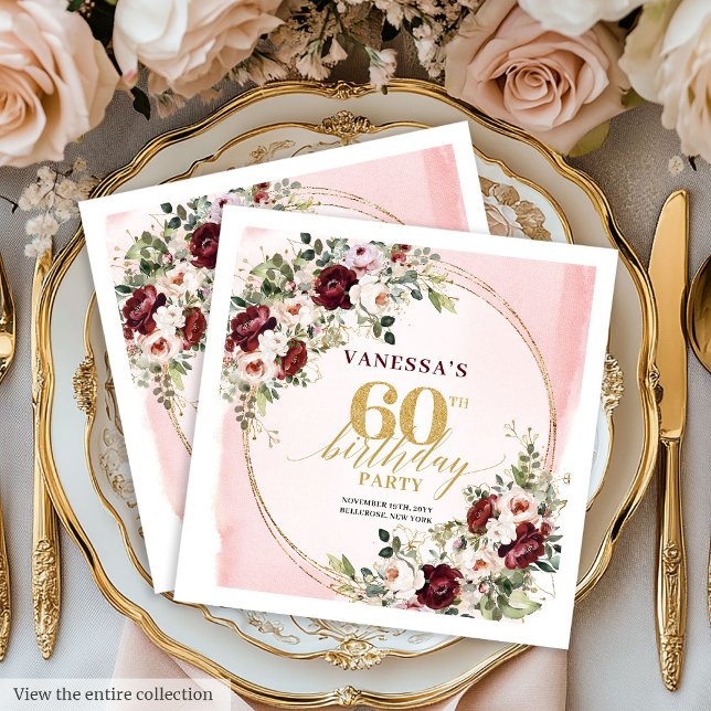 Akvarell Boho Burgundy Rosenskift 60-års Servetter (Watercolor Boho Burgundy Blush 60th Napkins)