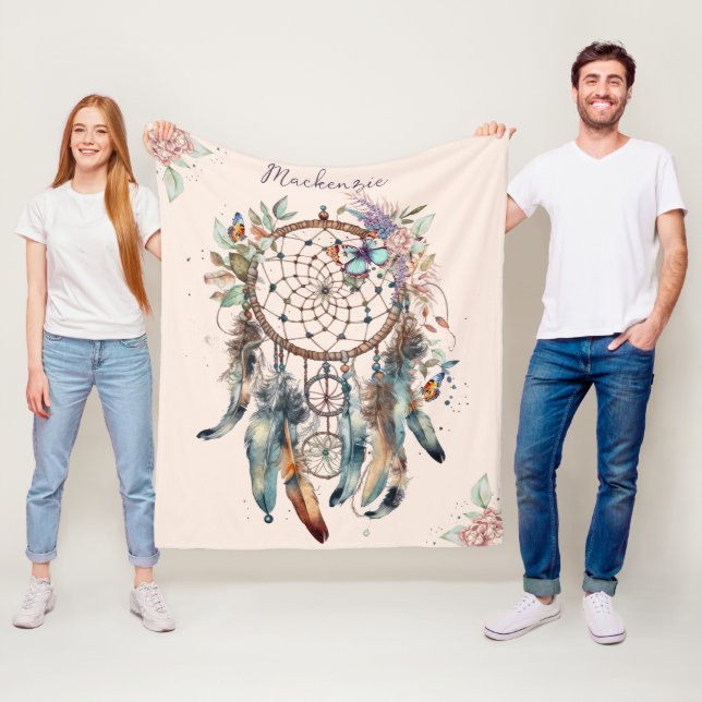 Akvarell Boho Drömfångare Personligt Namn Fleecefilt (På plats)