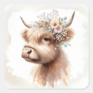 Akvarell Boho Highlandko Med Blommor Fyrkantigt Klistermärke