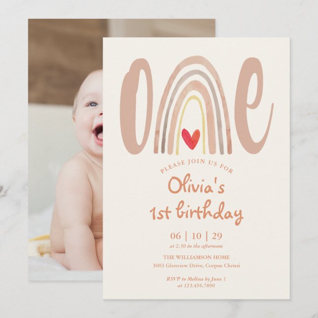 Akvarell Boho Regnbåge Hjärta Foto 1-årsdag Inbjudningar (Fram/baksida)