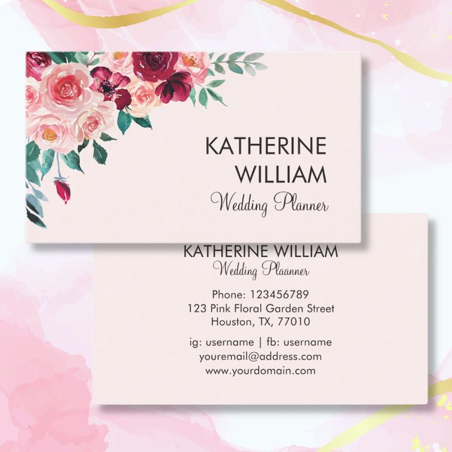 Akvarell Boho Rosa Burgunderros Blommig Visitkort (Front and Back)