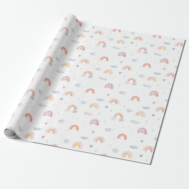 Akvarell Boho Rosa Regnbåge och Moln Presentpapper (Utrullad)