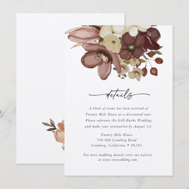Akvarell Boho Rose & Neutral Bröllop Detaljer Kort (Fram/baksida)