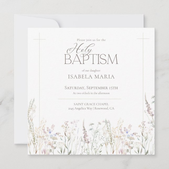Akvarell Boho Vilda Blommor Helig Dop Inbjudningar (Framsida)
