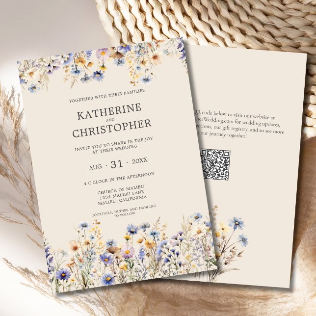 Akvarell BOHO Vildblomma Elegant Beige Bröllop Inbjudningar (BOHO Wildflowers Elegant Wedding Invitation with Purple, Blue, Yellow Wildflowers, QR Code, Beige.)