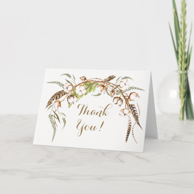 Akvarell Bomullskrans Fjäder Bröllop Tack Kort (Framsida)